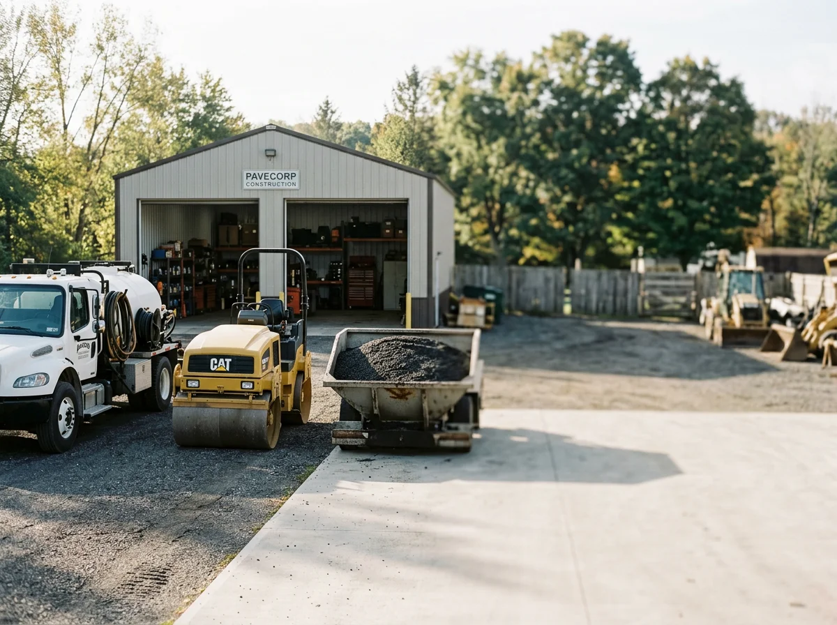 Paving equipment and crew ready for asphalt and sealcoating work on residential and commercial projects.