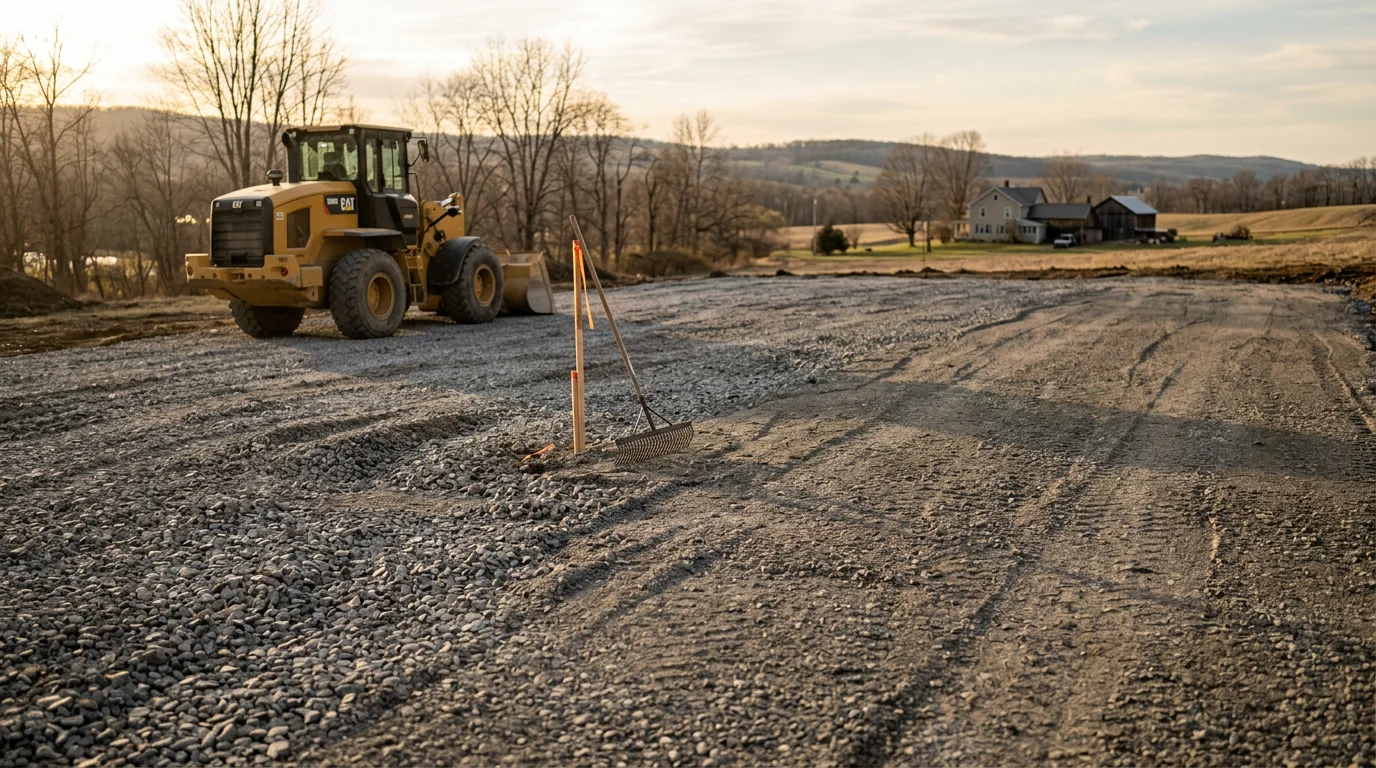 Graded and prepared construction site with stone base