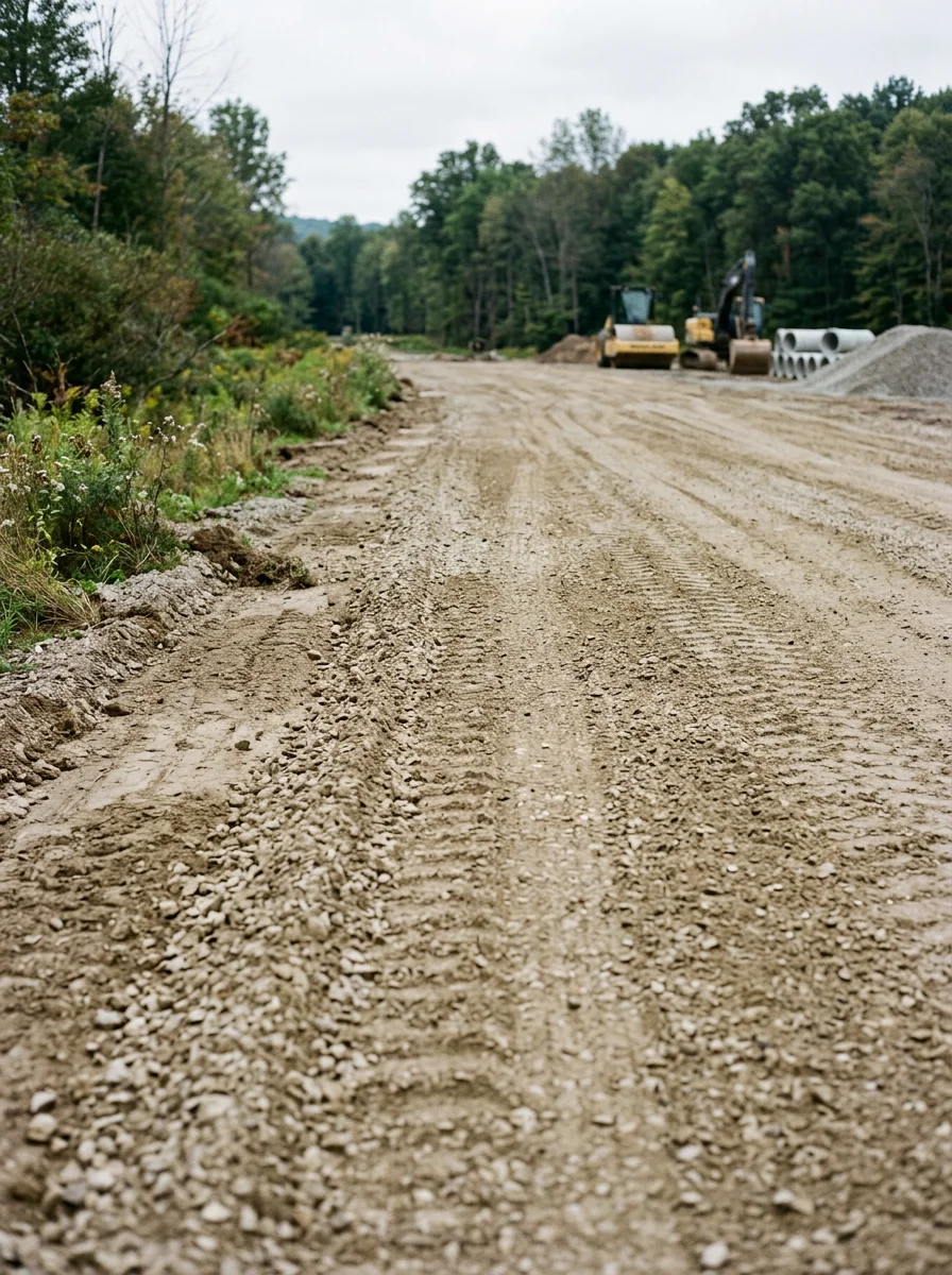 Stone and grading work in progress on a large rural parcel in Allegany County, NY, showing compacted base material ready for asphalt paving.