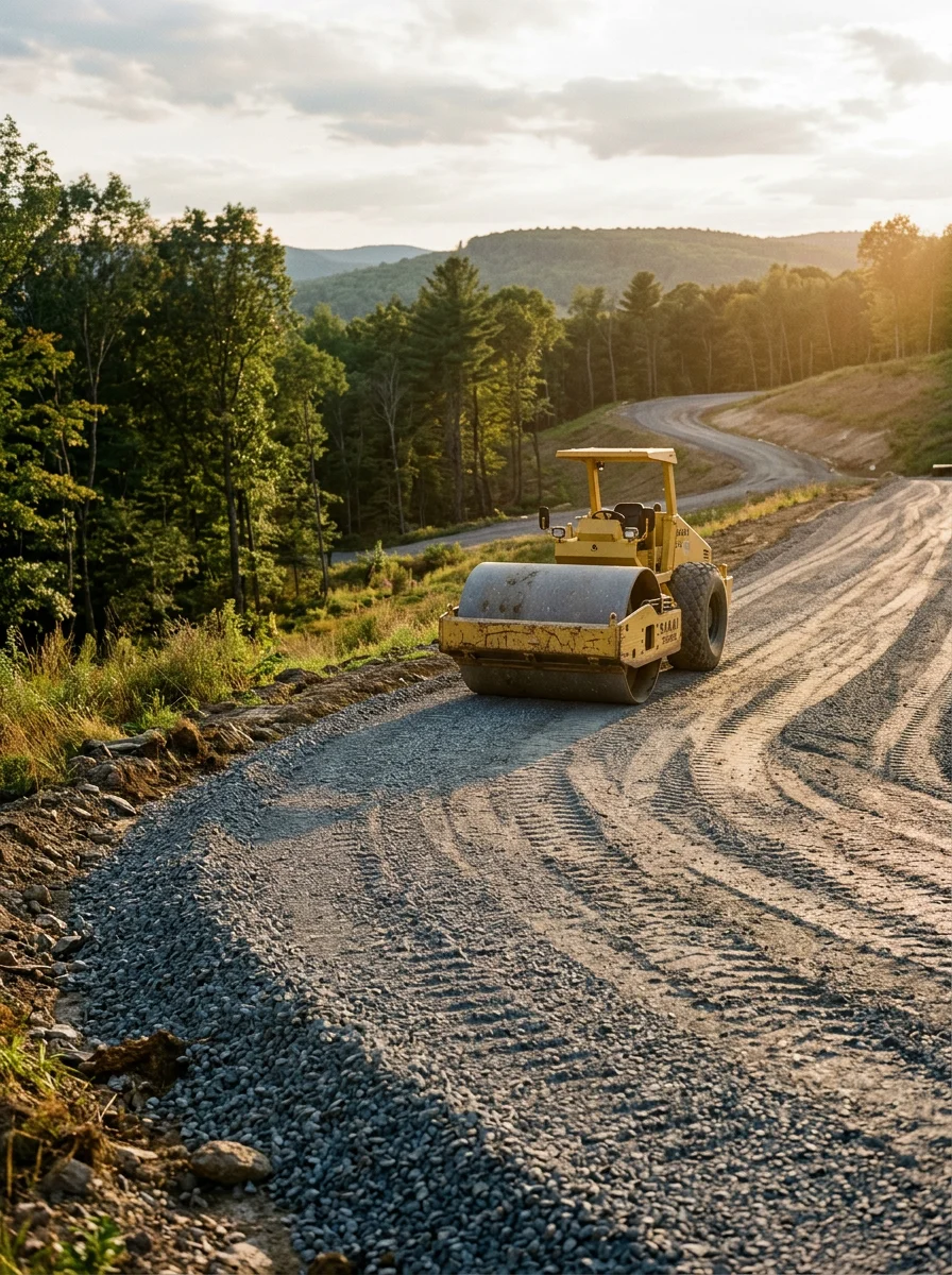 Stone and grading work on a hillside property in Bradford County, PA, showing compacted crushed stone base before asphalt paving.