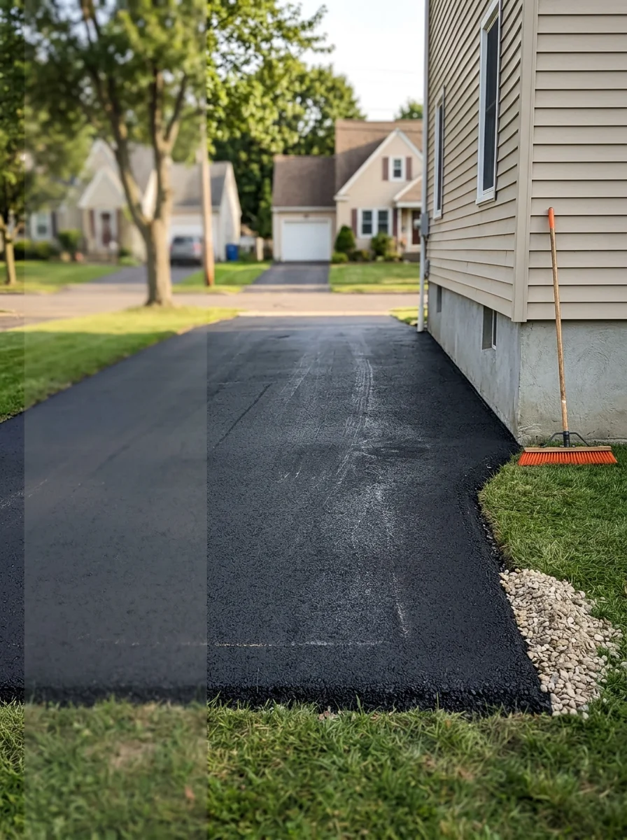 Residential driveway paving in Elmira, NY, showing smooth new asphalt surface with clean edges along a residential street.