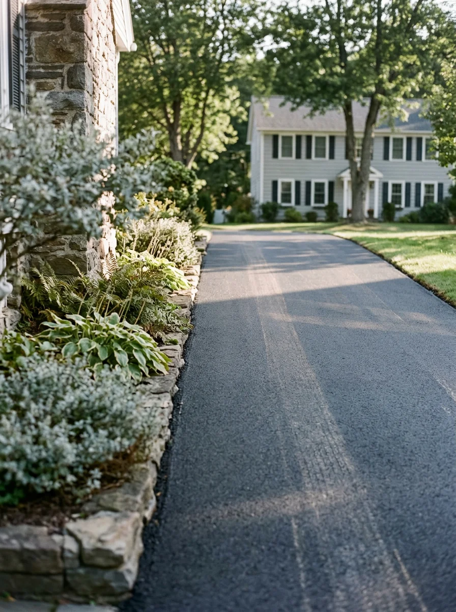 Steep residential driveway in Corning, NY's hillside neighborhood after paving, showing clean asphalt surface with proper drainage pitch.