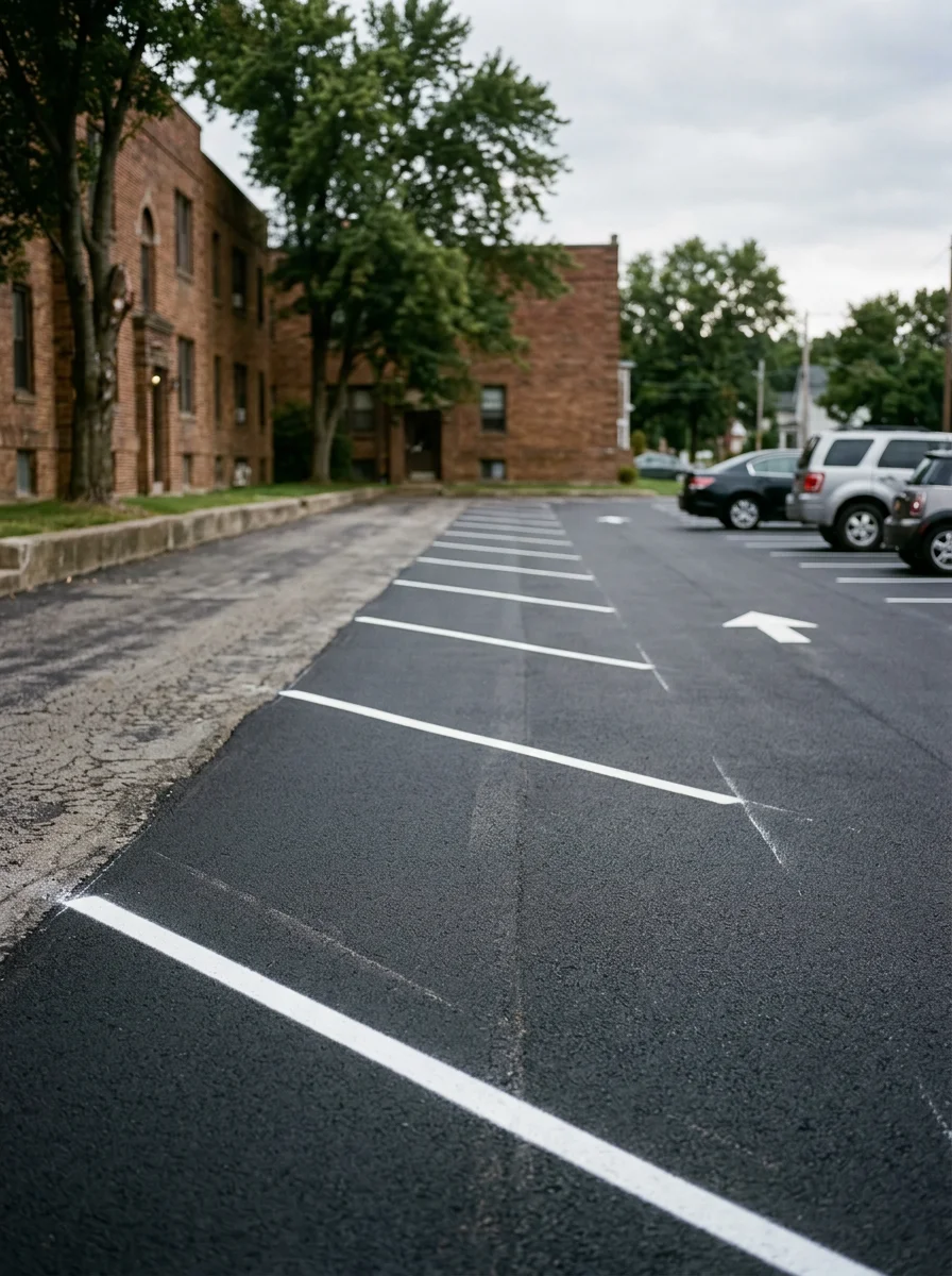 Apartment complex parking lot in Elmira, NY after paving and restriping, showing fresh white lines and dark asphalt surface.