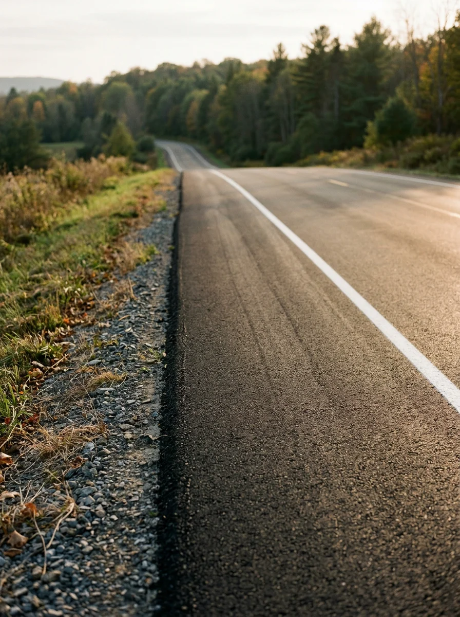 Close-up of a newly paved private road surface in rural Steuben County, showing clean asphalt edges and proper drainage pitch.