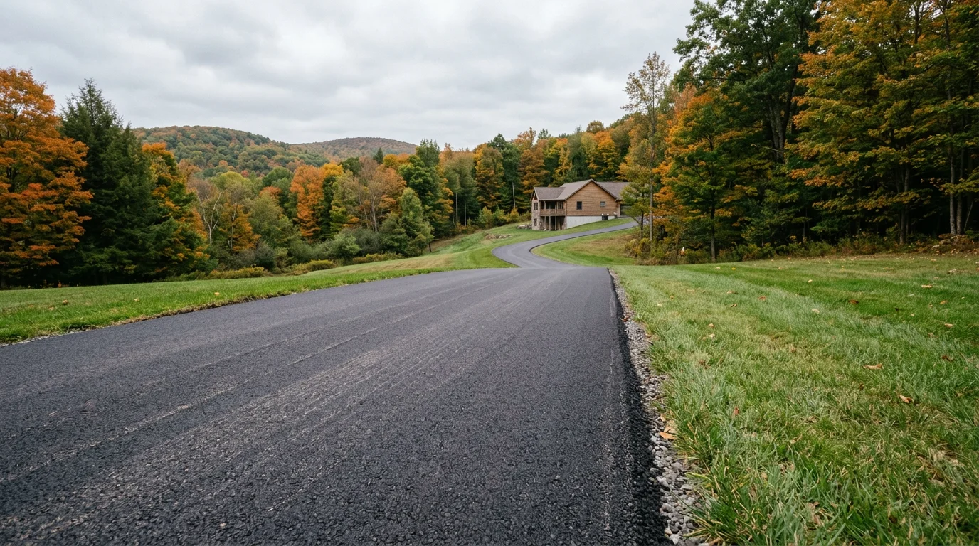 Freshly paved asphalt driveway on a sloped residential lot in Steuben County, NY, with forested ridgelines visible in the background.