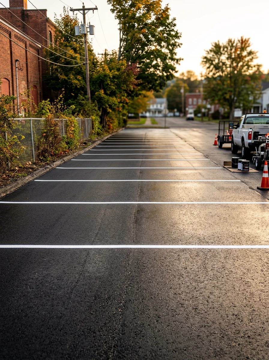 Commercial parking lot in Waverly, NY after sealcoating and restriping, showing bright white lines on dark asphalt.