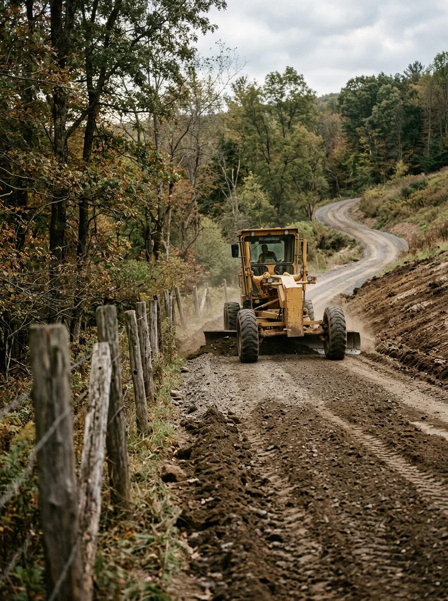 Grading equipment preparing a sloped driveway base on a rural Tioga County, PA property before asphalt paving begins.