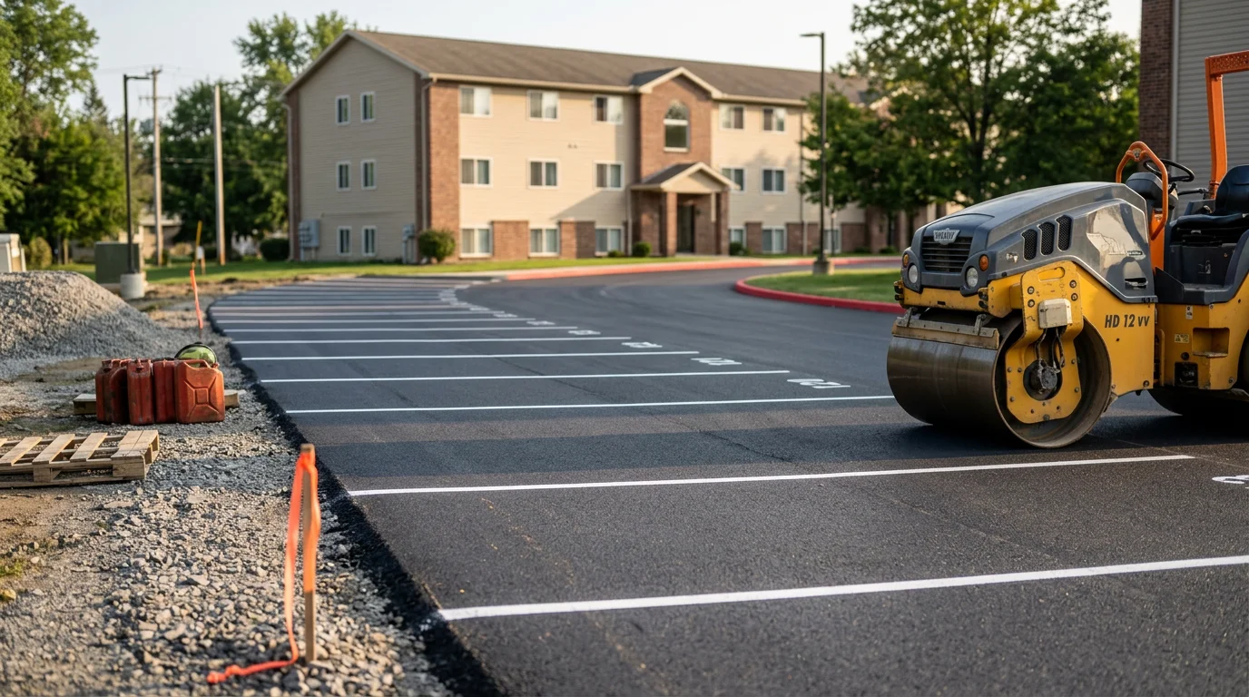 Freshly paved apartment complex parking lot and drive lane in Steuben County, New York, showing smooth asphalt surfaces, defined parking rows, and a clear entry route for residents and vehicles.