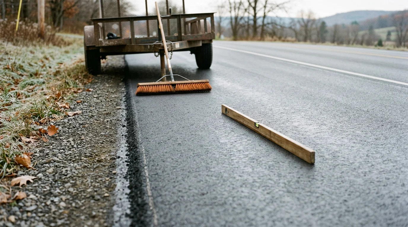 A freshly finished asphalt surface on a residential driveway in Steuben County, New York, showing a smooth, even texture with clean edges. The finished pavement slopes away from the home, reflecting the expertise of PaveCorp Construction LLC.