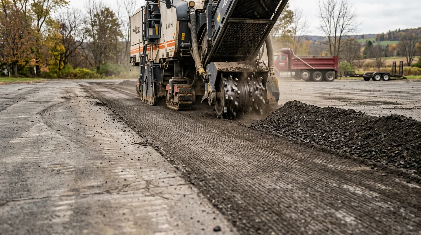 Asphalt milling machine grinding the deteriorated surface layer off a cracked parking lot in Steuben County, NY. The milled surface shows a clean, textured profile ready for a new asphalt overlay.