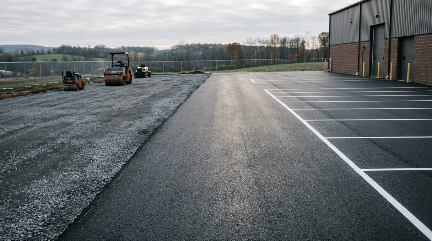 Freshly paved commercial access road and service drive at a business property in Steuben County, New York. Smooth asphalt surface with clean edges and proper drainage slope visible along the pavement edge.