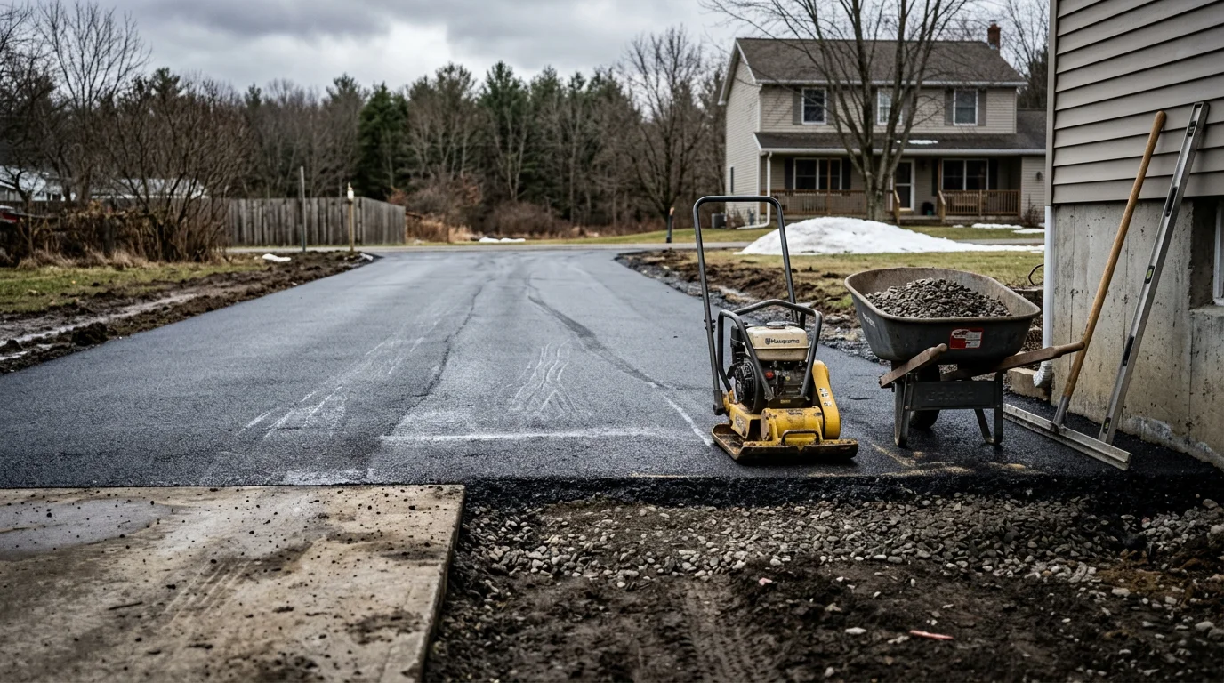 A freshly paved asphalt driveway at a residential property in Steuben County, New York, with clean edges and a smooth dark surface leading to a rural home. The surrounding landscape shows typical Southern Tier terrain with open land and tree lines in the background.
