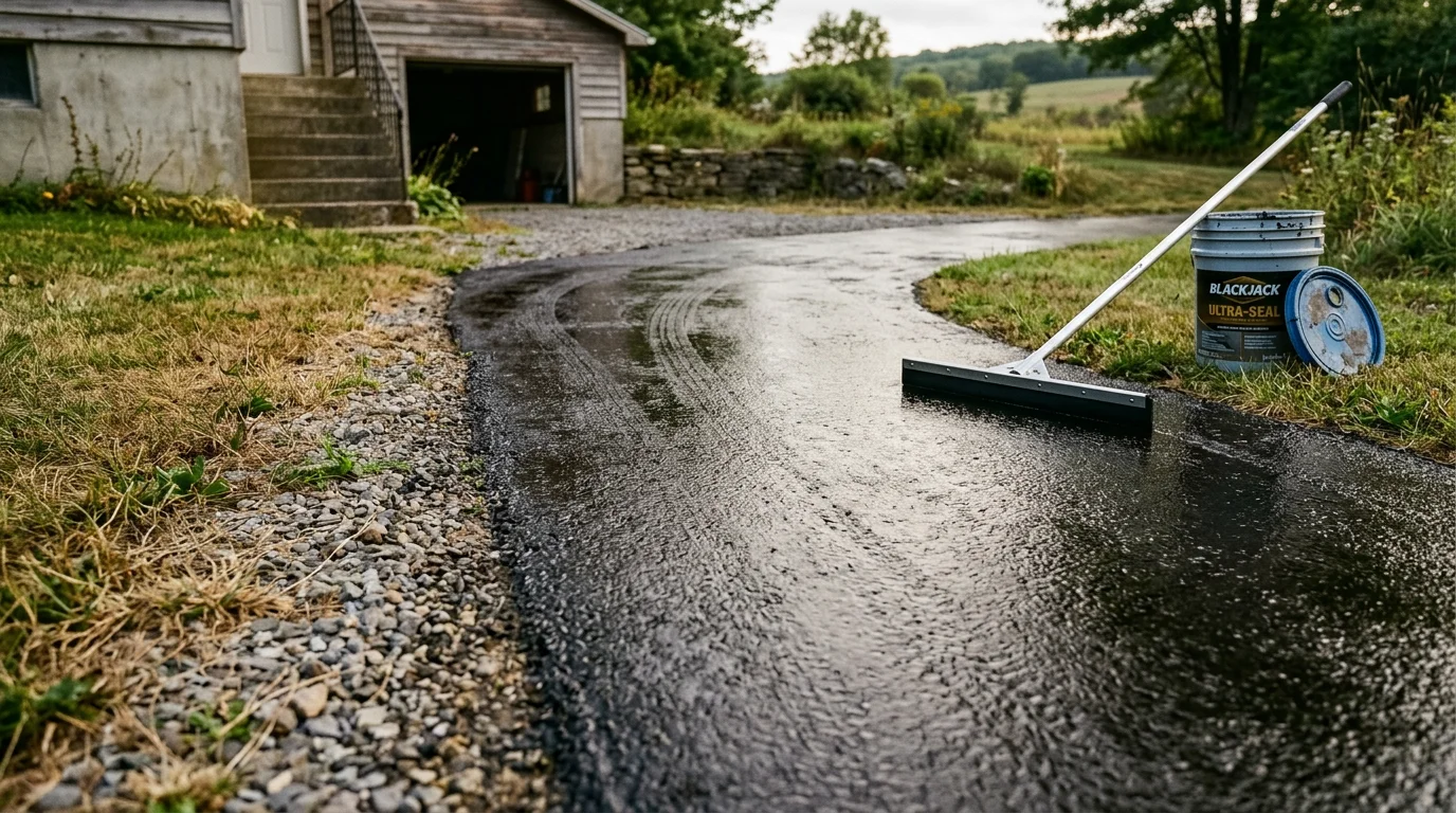 A freshly sealcoated residential asphalt driveway in Steuben County, New York, showing a uniform dark surface with clean edges. The driveway leads to a single-family home set against a rural upstate New York landscape.