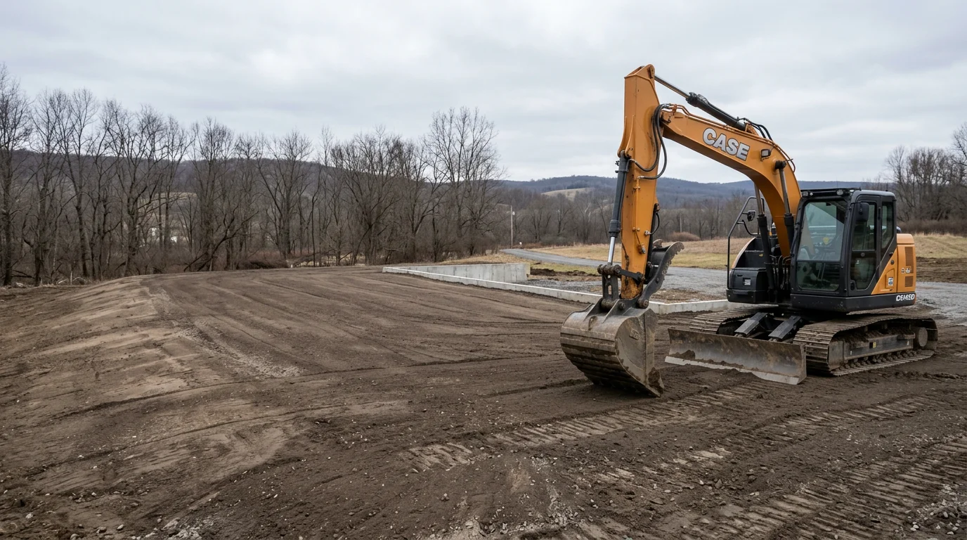 A graded and leveled property lot in Steuben County, New York, showing smooth, compacted soil sloped away from a residential structure. Heavy equipment tracks are visible across the freshly worked surface, with rolling hills visible in the background.