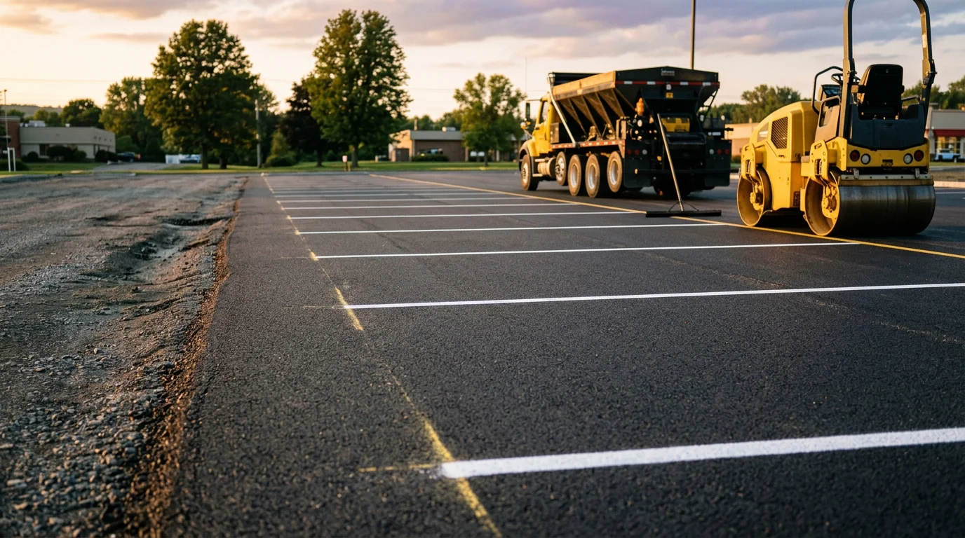 Freshly paved commercial parking lot with clean asphalt surface and newly painted striping at a business property in Steuben County, New York. Smooth pavement with clear lane markings and defined parking spaces visible under open sky.