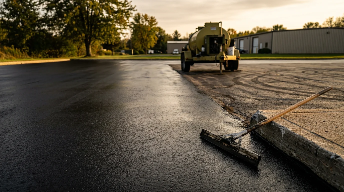 A freshly sealcoated commercial parking lot in Steuben County, New York, showing a uniform dark surface with clean edges along a commercial building. The sealed asphalt contrasts with the surrounding weathered pavement, showing the protective coverage applied by PaveCorp Construction LLC.