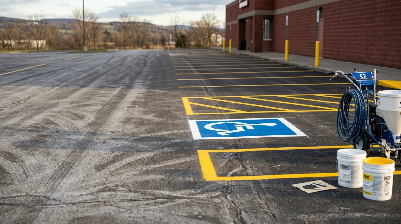 Freshly striped commercial parking lot with bright white stall lines, directional arrows, and ADA-accessible spaces marked in blue, located at a business property in Steuben County, New York. Clean pavement markings show a complete lot layout including fire lane designations and access aisles.