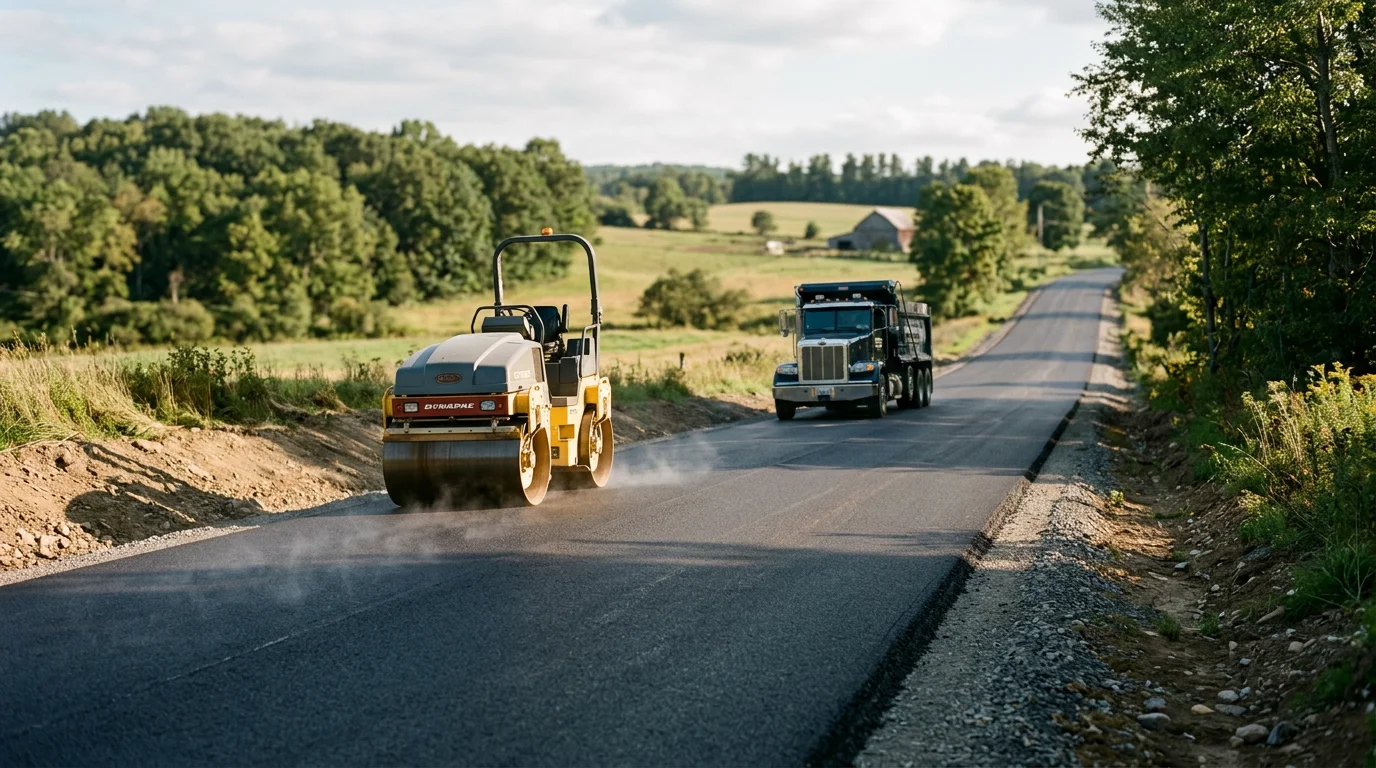 Freshly paved private asphalt road cutting through a rural property in Steuben County, New York, with graded shoulders and tree lines on both sides. The smooth black surface contrasts with the surrounding countryside typical of the region.