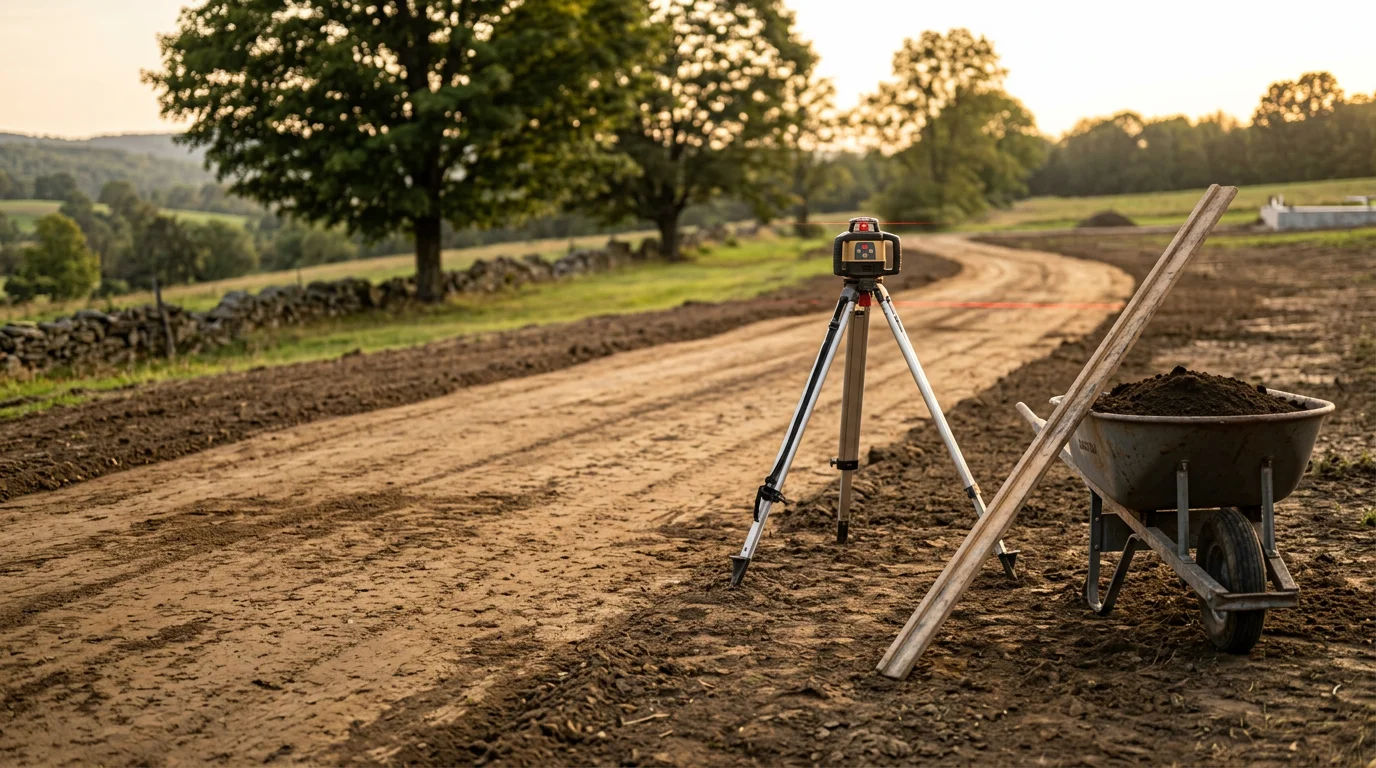A graded dirt lot in Steuben County, New York, showing a smooth, sloped surface shaped to direct water away from a paved driveway area. Heavy equipment tracks are visible across the freshly moved soil.