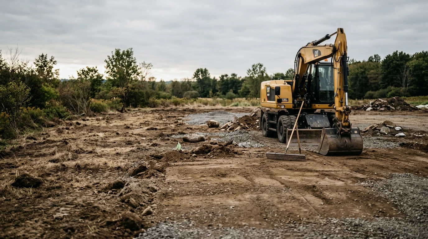 A cleared and leveled job site in Steuben County, New York, ready for paving with compacted soil and defined project boundaries. Heavy equipment has prepared the ground surface ahead of stone base and asphalt installation.