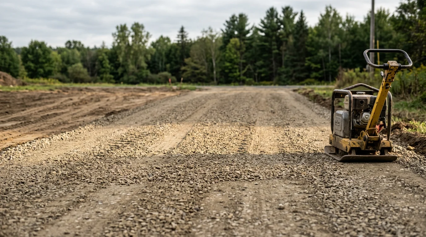 Compacted crushed stone base layer spread and graded across a residential driveway site in Steuben County, New York, ready for asphalt paving.